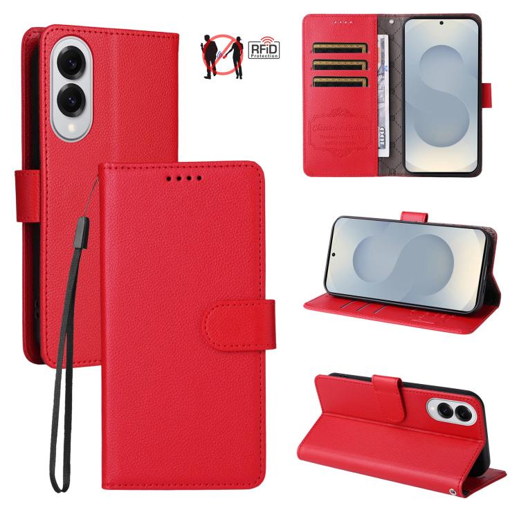 Custodia per telefono in pelle con portafoglio a 3 carte e protezione RFID, con texture litchi., For Galaxy S26 FE 5G, For Galaxy S26+ 5G, For Galaxy S25 FE 5G, For Galaxy S25 Edge 5G
