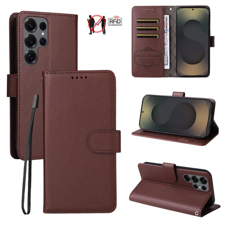 Custodia per telefono in pelle con portafoglio a 3 carte e protezione RFID, con texture litchi., For Galaxy S25 / S24 5G, For Galaxy S25+ / S24+ 5G, For Galaxy S25 Ultra 5G, For Galaxy S24 FE 5G