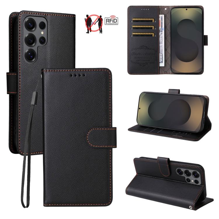 Custodia per telefono in pelle con portafoglio a 3 carte e protezione RFID, con texture litchi., For Galaxy S25 / S24 5G, For Galaxy S25+ / S24+ 5G, For Galaxy S25 Ultra 5G, For Galaxy S24 FE 5G