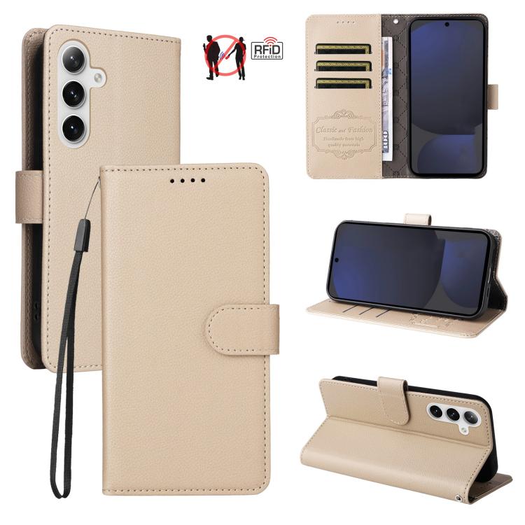 Custodia per telefono in pelle con portafoglio a 3 carte e protezione RFID, con texture litchi., For Galaxy S25 / S24 5G, For Galaxy S25+ / S24+ 5G, For Galaxy S25 Ultra 5G, For Galaxy S24 FE 5G