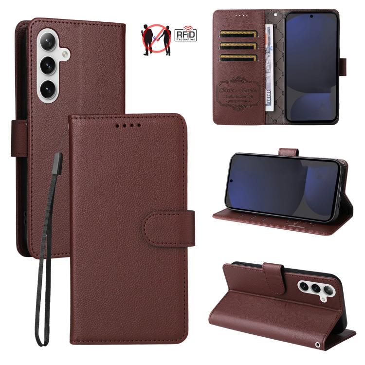 Custodia per telefono in pelle con portafoglio a 3 carte e protezione RFID, con texture litchi., For Galaxy S25 / S24 5G, For Galaxy S25+ / S24+ 5G, For Galaxy S25 Ultra 5G, For Galaxy S24 FE 5G