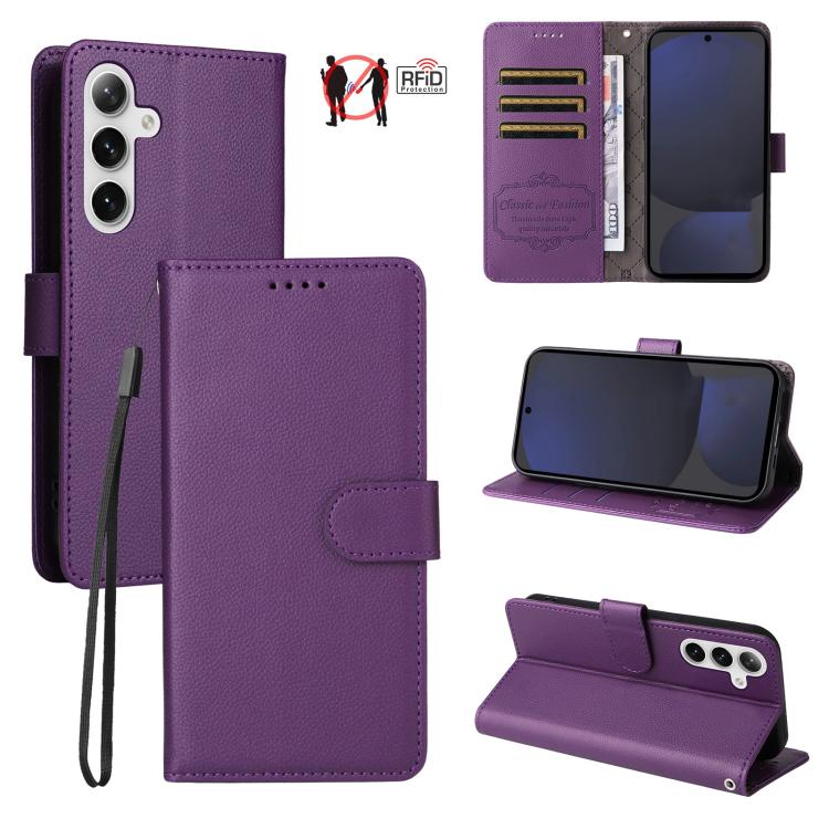 Custodia per telefono in pelle con portafoglio a 3 carte e protezione RFID, con texture litchi., For Galaxy S25 / S24 5G, For Galaxy S25+ / S24+ 5G, For Galaxy S25 Ultra 5G, For Galaxy S24 FE 5G