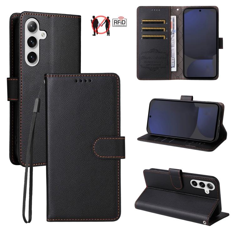 Custodia per telefono in pelle con portafoglio a 3 carte e protezione RFID, con texture litchi., For Galaxy S25 / S24 5G, For Galaxy S25+ / S24+ 5G, For Galaxy S25 Ultra 5G, For Galaxy S24 FE 5G