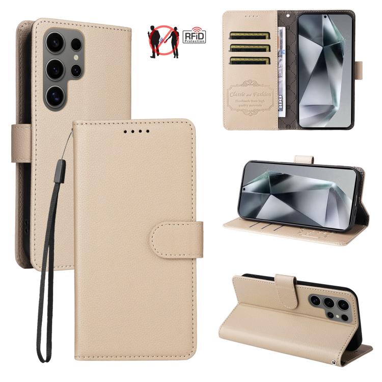 Custodia per telefono in pelle con portafoglio a 3 carte e protezione RFID, con texture litchi., For Galaxy S24 Ultra 5G, For Galaxy S23 FE 5G, For Galaxy S23 Ultra 5G, For Galaxy S23+ 5G