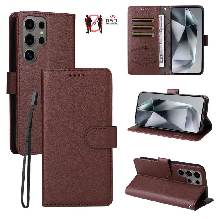 Custodia per telefono in pelle con portafoglio a 3 carte e protezione RFID, con texture litchi., For Galaxy S24 Ultra 5G, For Galaxy S23 FE 5G, For Galaxy S23 Ultra 5G, For Galaxy S23+ 5G