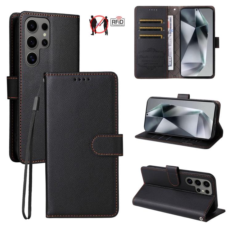 Custodia per telefono in pelle con portafoglio a 3 carte e protezione RFID, con texture litchi., For Galaxy S24 Ultra 5G, For Galaxy S23 FE 5G, For Galaxy S23 Ultra 5G, For Galaxy S23+ 5G