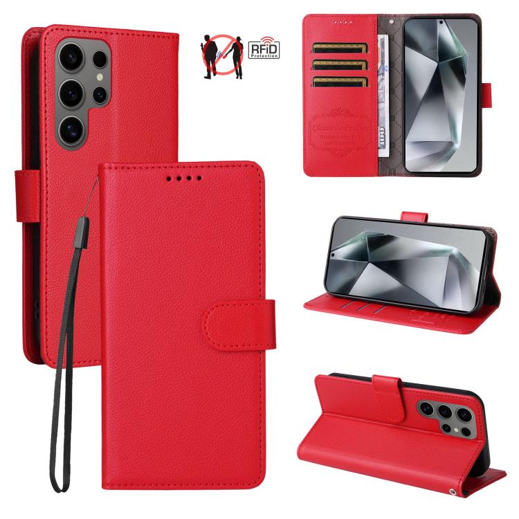 Custodia per telefono in pelle con portafoglio a 3 carte e protezione RFID, con texture litchi., For Galaxy S24 Ultra 5G, For Galaxy S23 FE 5G, For Galaxy S23 Ultra 5G, For Galaxy S23+ 5G