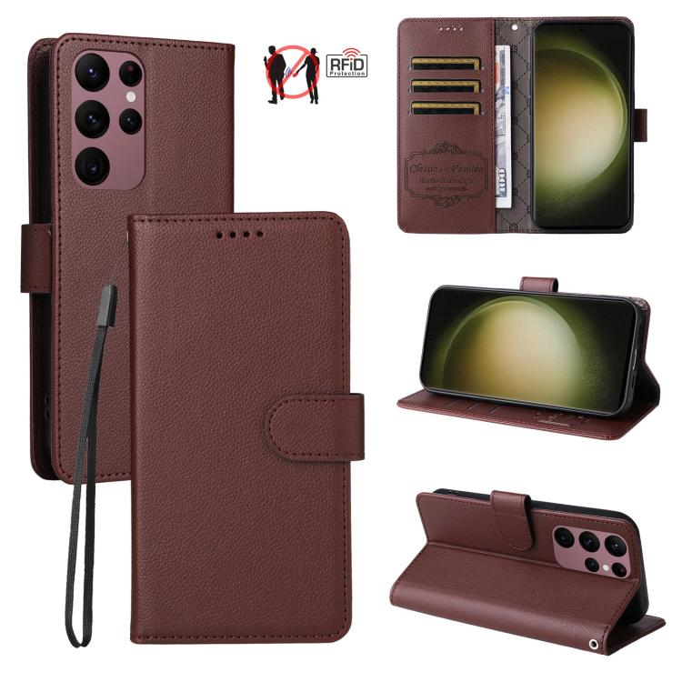 Custodia per telefono in pelle con portafoglio a 3 carte e protezione RFID, con texture litchi., For Galaxy S24 Ultra 5G, For Galaxy S23 FE 5G, For Galaxy S23 Ultra 5G, For Galaxy S23+ 5G