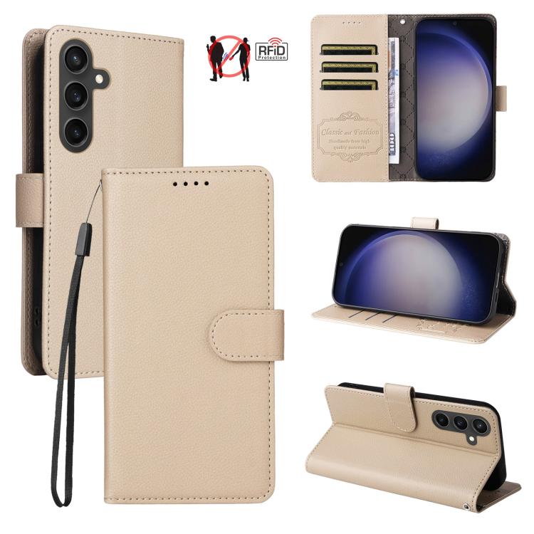 Custodia per telefono in pelle con portafoglio a 3 carte e protezione RFID, con texture litchi., For Galaxy S24 Ultra 5G, For Galaxy S23 FE 5G, For Galaxy S23 Ultra 5G, For Galaxy S23+ 5G