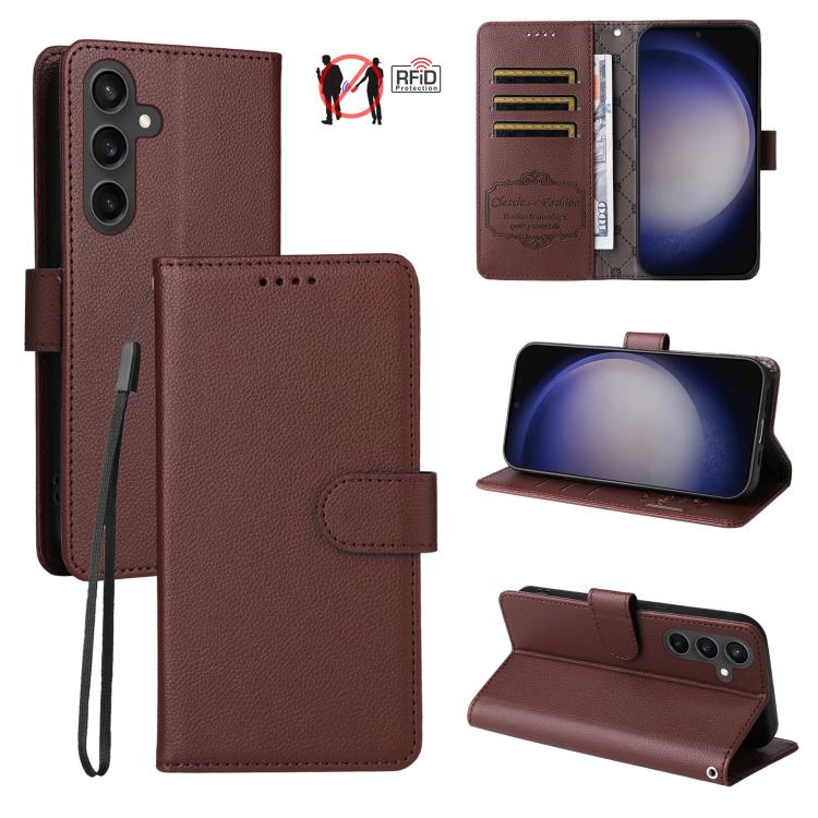 Custodia per telefono in pelle con portafoglio a 3 carte e protezione RFID, con texture litchi., For Galaxy S24 Ultra 5G, For Galaxy S23 FE 5G, For Galaxy S23 Ultra 5G, For Galaxy S23+ 5G