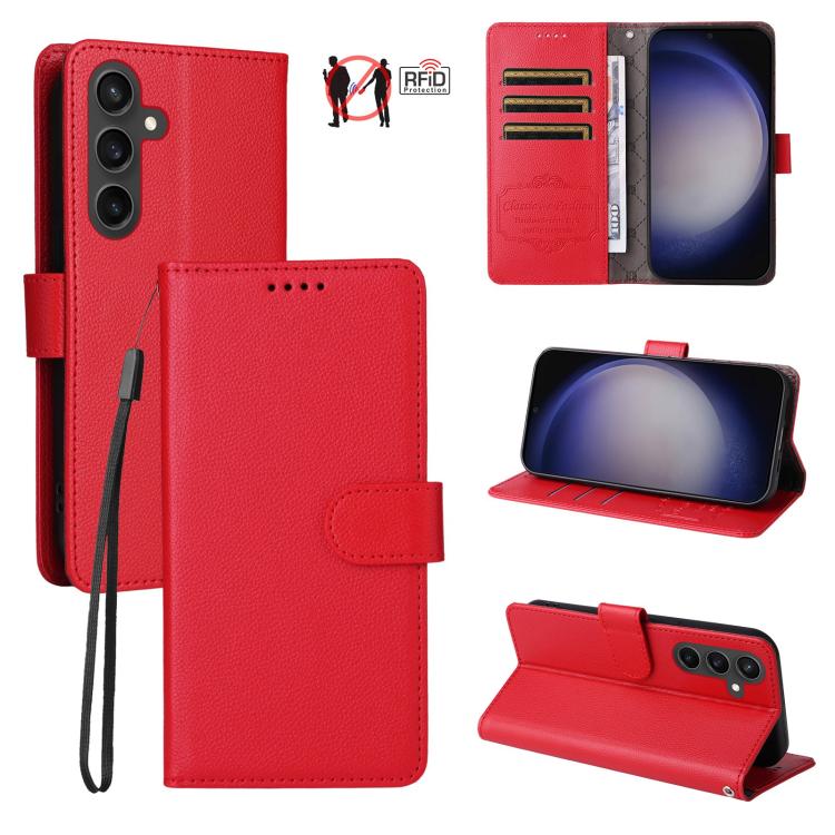 Custodia per telefono in pelle con portafoglio a 3 carte e protezione RFID, con texture litchi., For Galaxy S24 Ultra 5G, For Galaxy S23 FE 5G, For Galaxy S23 Ultra 5G, For Galaxy S23+ 5G
