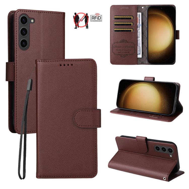 Custodia per telefono in pelle con portafoglio a 3 carte e protezione RFID, con texture litchi., For Galaxy S24 Ultra 5G, For Galaxy S23 FE 5G, For Galaxy S23 Ultra 5G, For Galaxy S23+ 5G
