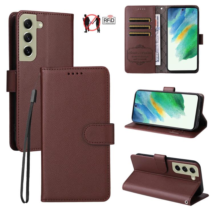 Custodia per telefono in pelle con portafoglio a 3 carte e protezione RFID, con texture litchi., For Galaxy S23 5G, For Galaxy S20 FE, For Galaxy S21 FE 5G