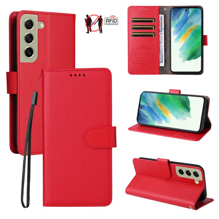 Custodia per telefono in pelle con portafoglio a 3 carte e protezione RFID, con texture litchi., For Galaxy S23 5G, For Galaxy S20 FE, For Galaxy S21 FE 5G