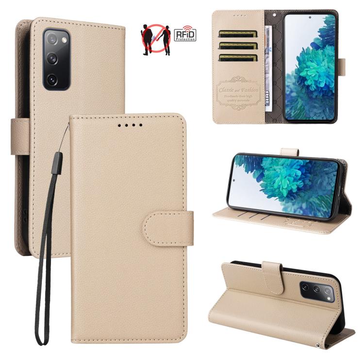 Custodia per telefono in pelle con portafoglio a 3 carte e protezione RFID, con texture litchi., For Galaxy S23 5G, For Galaxy S20 FE, For Galaxy S21 FE 5G
