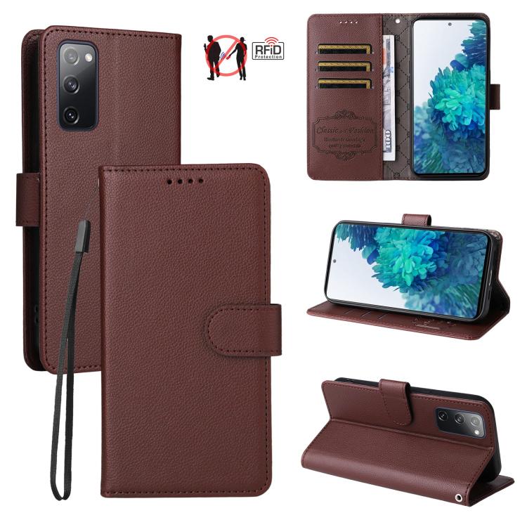Custodia per telefono in pelle con portafoglio a 3 carte e protezione RFID, con texture litchi., For Galaxy S23 5G, For Galaxy S20 FE, For Galaxy S21 FE 5G