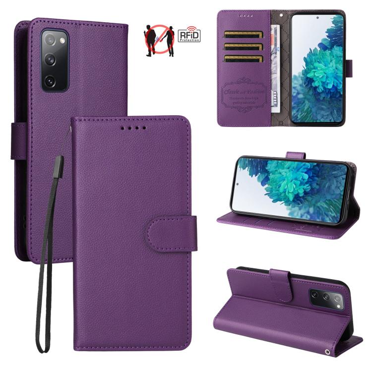 Custodia per telefono in pelle con portafoglio a 3 carte e protezione RFID, con texture litchi., For Galaxy S23 5G, For Galaxy S20 FE, For Galaxy S21 FE 5G