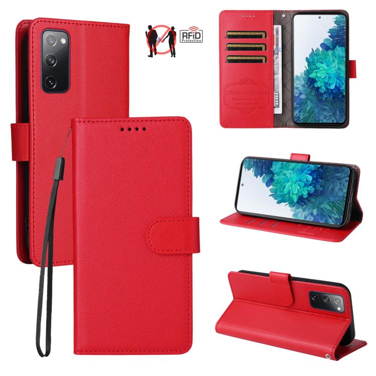 Custodia per telefono in pelle con portafoglio a 3 carte e protezione RFID, con texture litchi., For Galaxy S23 5G, For Galaxy S20 FE, For Galaxy S21 FE 5G