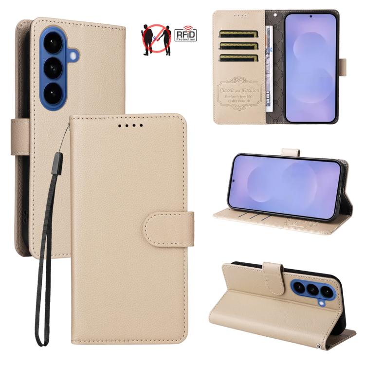 Custodia per telefono in pelle con portafoglio a 3 carte e protezione RFID, con texture litchi., For Galaxy S26 FE 5G, For Galaxy S26+ 5G, For Galaxy S25 FE 5G, For Galaxy S25 Edge 5G