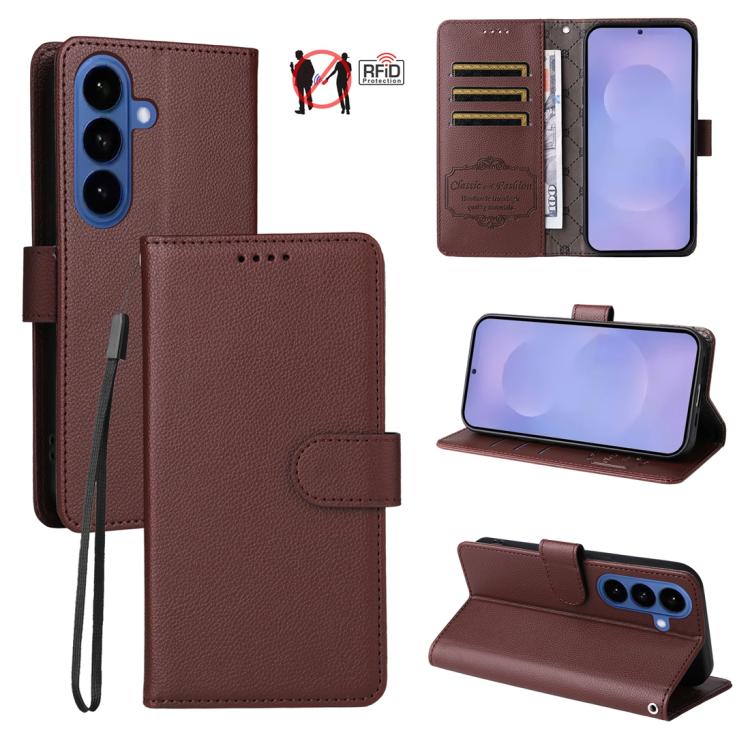 Custodia per telefono in pelle con portafoglio a 3 carte e protezione RFID, con texture litchi., For Galaxy S26 FE 5G, For Galaxy S26+ 5G, For Galaxy S25 FE 5G, For Galaxy S25 Edge 5G