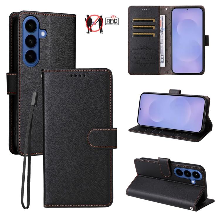 Custodia per telefono in pelle con portafoglio a 3 carte e protezione RFID, con texture litchi., For Galaxy S26 FE 5G, For Galaxy S26+ 5G, For Galaxy S25 FE 5G, For Galaxy S25 Edge 5G
