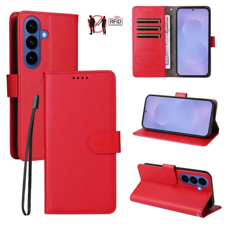 Custodia per telefono in pelle con portafoglio a 3 carte e protezione RFID, con texture litchi., For Galaxy S26 FE 5G, For Galaxy S26+ 5G, For Galaxy S25 FE 5G, For Galaxy S25 Edge 5G
