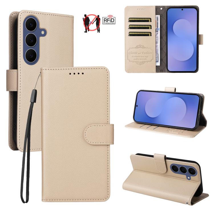 Custodia per telefono in pelle con portafoglio a 3 carte e protezione RFID, con texture litchi., For Galaxy S26 FE 5G, For Galaxy S26+ 5G, For Galaxy S25 FE 5G, For Galaxy S25 Edge 5G