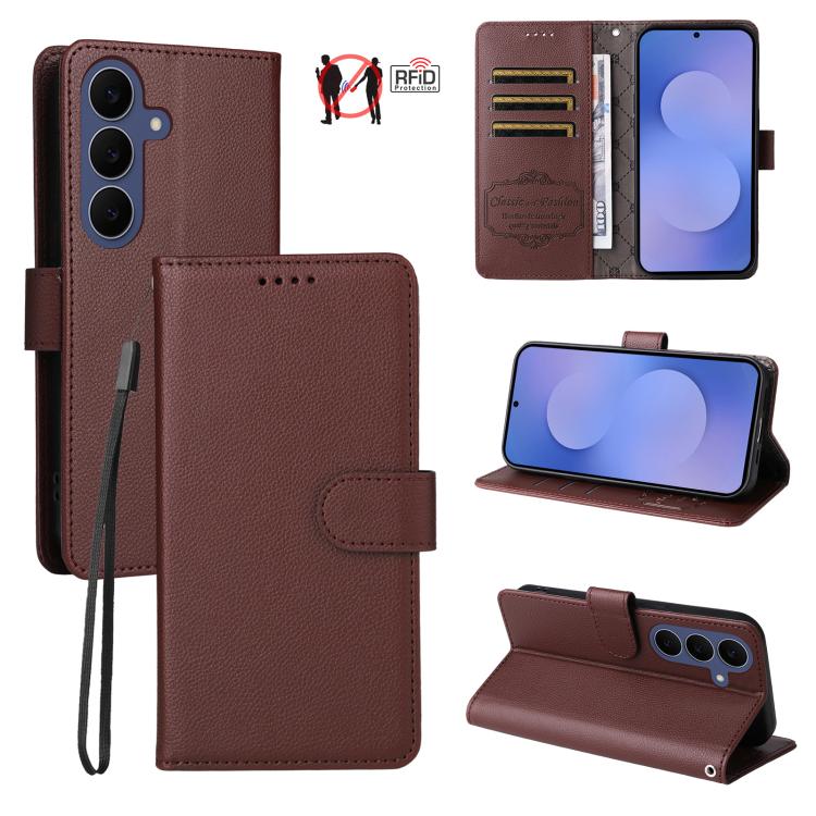 Custodia per telefono in pelle con portafoglio a 3 carte e protezione RFID, con texture litchi., For Galaxy S26 FE 5G, For Galaxy S26+ 5G, For Galaxy S25 FE 5G, For Galaxy S25 Edge 5G