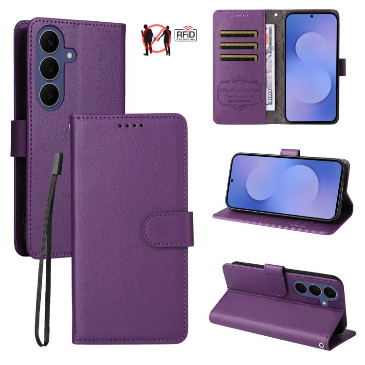 Custodia per telefono in pelle con portafoglio a 3 carte e protezione RFID, con texture litchi., For Galaxy S26 FE 5G, For Galaxy S26+ 5G, For Galaxy S25 FE 5G, For Galaxy S25 Edge 5G