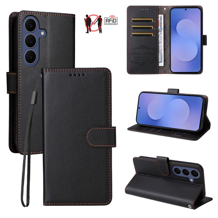 Custodia per telefono in pelle con portafoglio a 3 carte e protezione RFID, con texture litchi., For Galaxy S26 FE 5G, For Galaxy S26+ 5G, For Galaxy S25 FE 5G, For Galaxy S25 Edge 5G