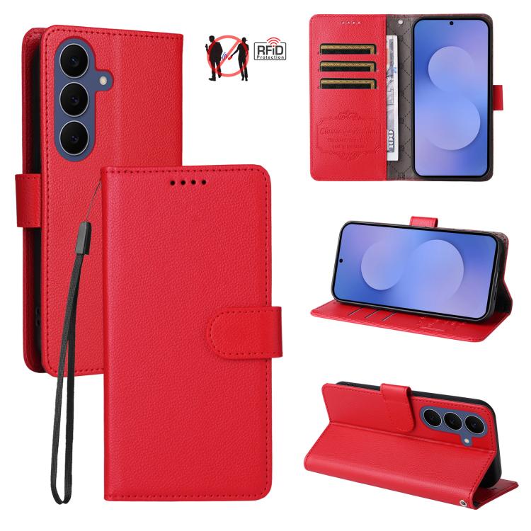 Custodia per telefono in pelle con portafoglio a 3 carte e protezione RFID, con texture litchi., For Galaxy S26 FE 5G, For Galaxy S26+ 5G, For Galaxy S25 FE 5G, For Galaxy S25 Edge 5G