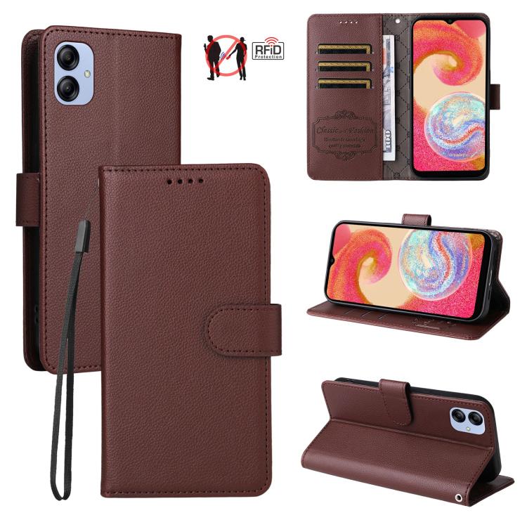 Custodia per telefono in pelle con portafoglio a 3 carte e protezione RFID, con texture litchi., For Samsung Galaxy A23 4G / 5G / F23, For Samsung Galaxy A04e 4G / F04, For Samsung Galaxy A14 4G / 5G, For Samsung Galaxy A34 5G