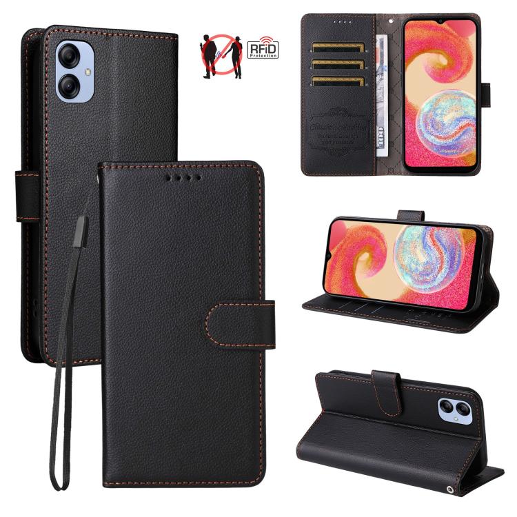 Custodia per telefono in pelle con portafoglio a 3 carte e protezione RFID, con texture litchi., For Samsung Galaxy A23 4G / 5G / F23, For Samsung Galaxy A04e 4G / F04, For Samsung Galaxy A14 4G / 5G, For Samsung Galaxy A34 5G