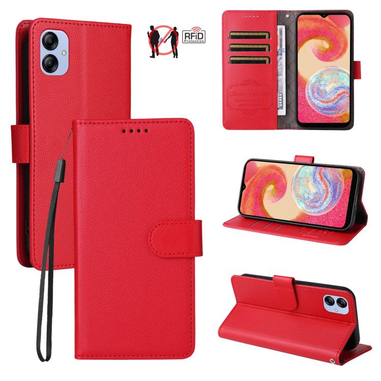 Custodia per telefono in pelle con portafoglio a 3 carte e protezione RFID, con texture litchi., For Samsung Galaxy A23 4G / 5G / F23, For Samsung Galaxy A04e 4G / F04, For Samsung Galaxy A14 4G / 5G, For Samsung Galaxy A34 5G