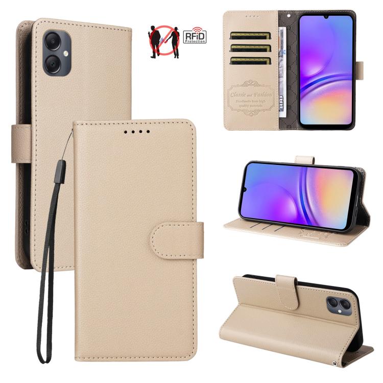 Custodia per telefono in pelle con portafoglio a 3 carte e protezione RFID, con texture litchi., For Samsung Galaxy A05, For Samsung Galaxy A05s, For Samsung Galaxy A25 5G Global, For Samsung Galaxy A24 4G