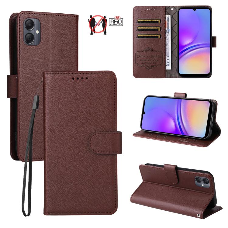 Custodia per telefono in pelle con portafoglio a 3 carte e protezione RFID, con texture litchi., For Samsung Galaxy A05, For Samsung Galaxy A05s, For Samsung Galaxy A25 5G Global, For Samsung Galaxy A24 4G