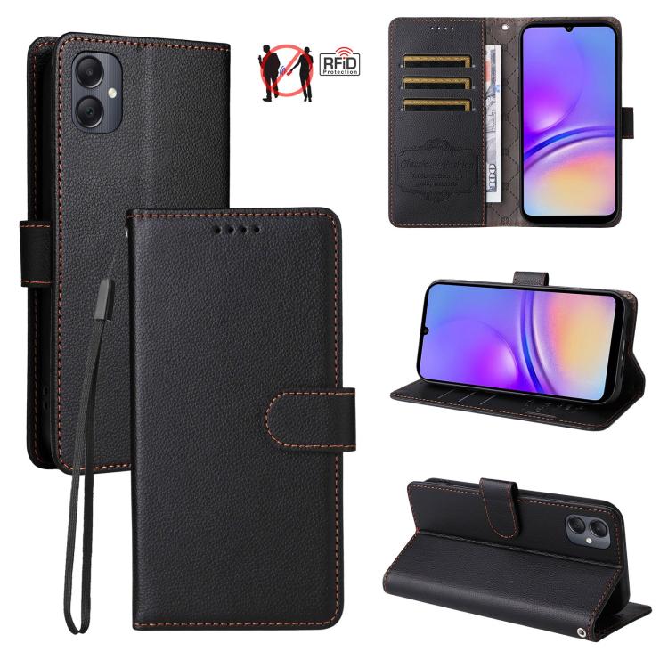 Custodia per telefono in pelle con portafoglio a 3 carte e protezione RFID, con texture litchi., For Samsung Galaxy A05, For Samsung Galaxy A05s, For Samsung Galaxy A25 5G Global, For Samsung Galaxy A24 4G