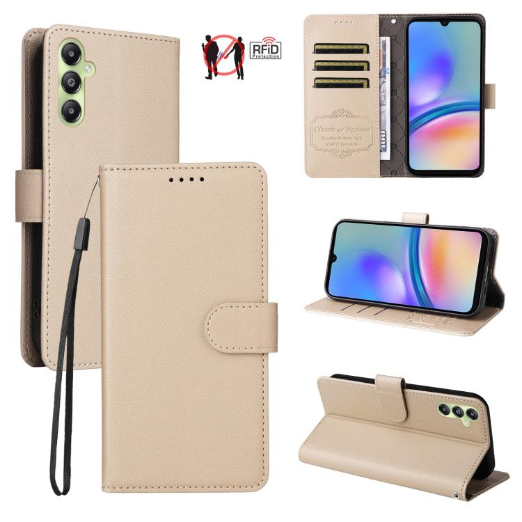 Custodia per telefono in pelle con portafoglio a 3 carte e protezione RFID, con texture litchi., For Samsung Galaxy A05, For Samsung Galaxy A05s, For Samsung Galaxy A25 5G Global, For Samsung Galaxy A24 4G