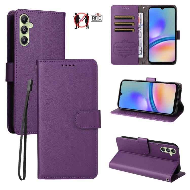 Custodia per telefono in pelle con portafoglio a 3 carte e protezione RFID, con texture litchi., For Samsung Galaxy A05, For Samsung Galaxy A05s, For Samsung Galaxy A25 5G Global, For Samsung Galaxy A24 4G