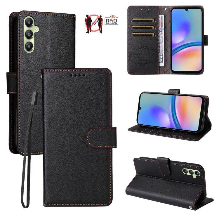 Custodia per telefono in pelle con portafoglio a 3 carte e protezione RFID, con texture litchi., For Samsung Galaxy A05, For Samsung Galaxy A05s, For Samsung Galaxy A25 5G Global, For Samsung Galaxy A24 4G
