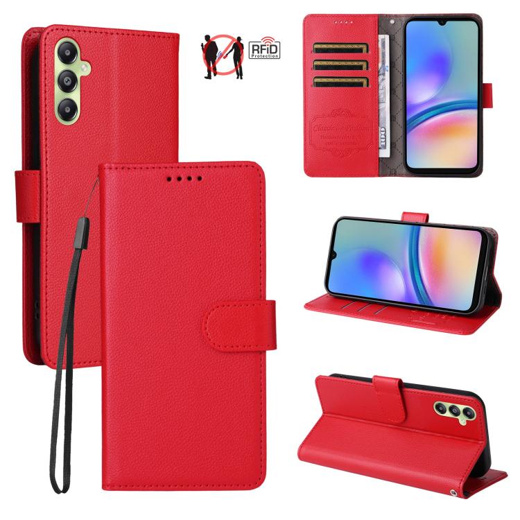 Custodia per telefono in pelle con portafoglio a 3 carte e protezione RFID, con texture litchi., For Samsung Galaxy A05, For Samsung Galaxy A05s, For Samsung Galaxy A25 5G Global, For Samsung Galaxy A24 4G