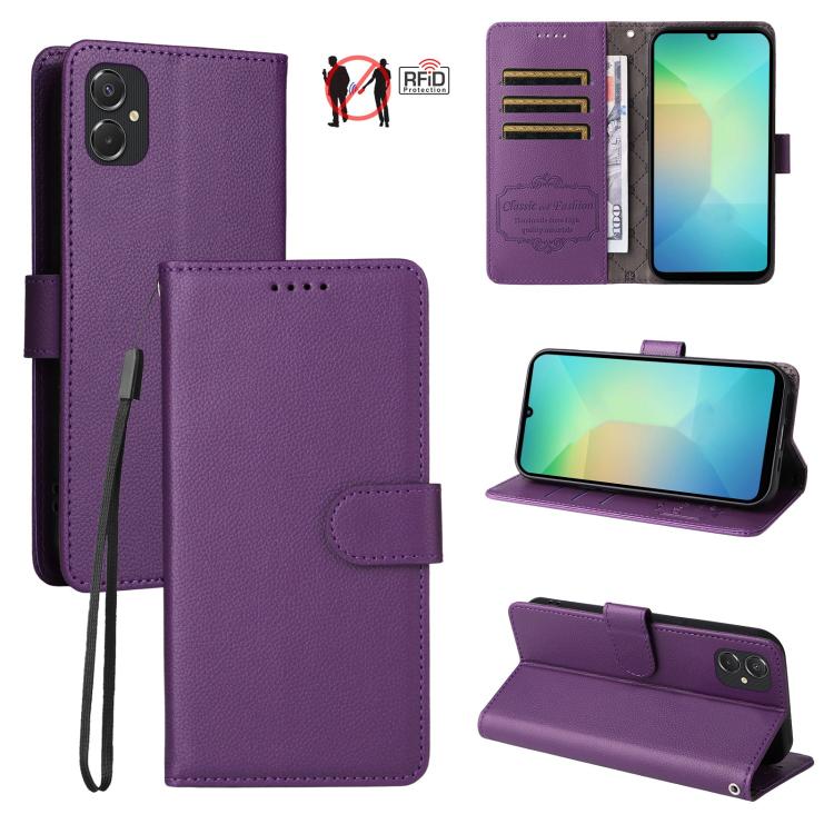Custodia per telefono in pelle con portafoglio a 3 carte e protezione RFID, con texture litchi., For Samsung Galaxy A07 4G / 5G, For Samsung Galaxy A06 4G / 5G, For Samsung Galaxy A56 5G, For Samsung Galaxy A16 4G / 5G / A26