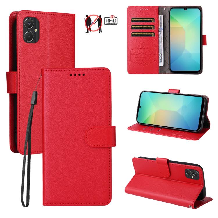 Custodia per telefono in pelle con portafoglio a 3 carte e protezione RFID, con texture litchi., For Samsung Galaxy A07 4G / 5G, For Samsung Galaxy A06 4G / 5G, For Samsung Galaxy A56 5G, For Samsung Galaxy A16 4G / 5G / A26
