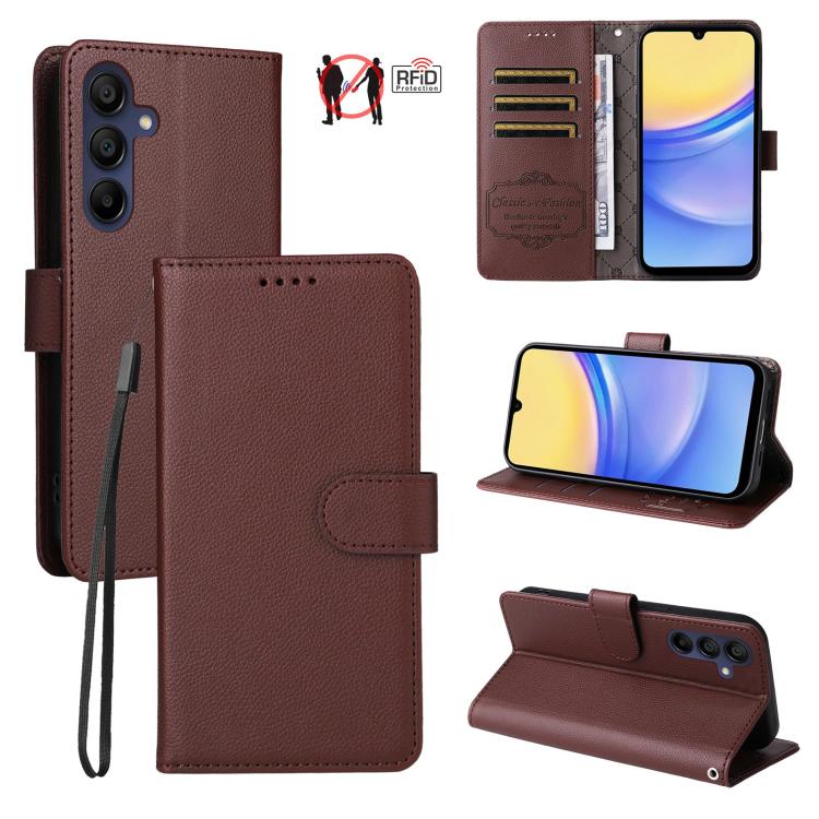 Custodia per telefono in pelle con portafoglio a 3 carte e protezione RFID, con texture litchi., For Samsung Galaxy A36 5G, For Samsung Galaxy A15 4G / 5G, For Samsung Galaxy A55 5G, For Samsung Galaxy A35 5G