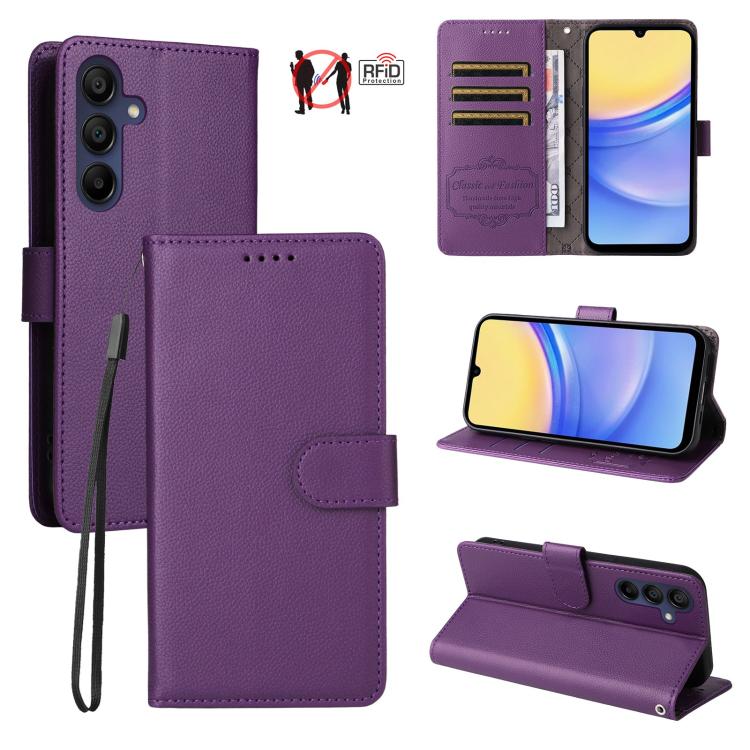 Custodia per telefono in pelle con portafoglio a 3 carte e protezione RFID, con texture litchi., For Samsung Galaxy A36 5G, For Samsung Galaxy A15 4G / 5G, For Samsung Galaxy A55 5G, For Samsung Galaxy A35 5G