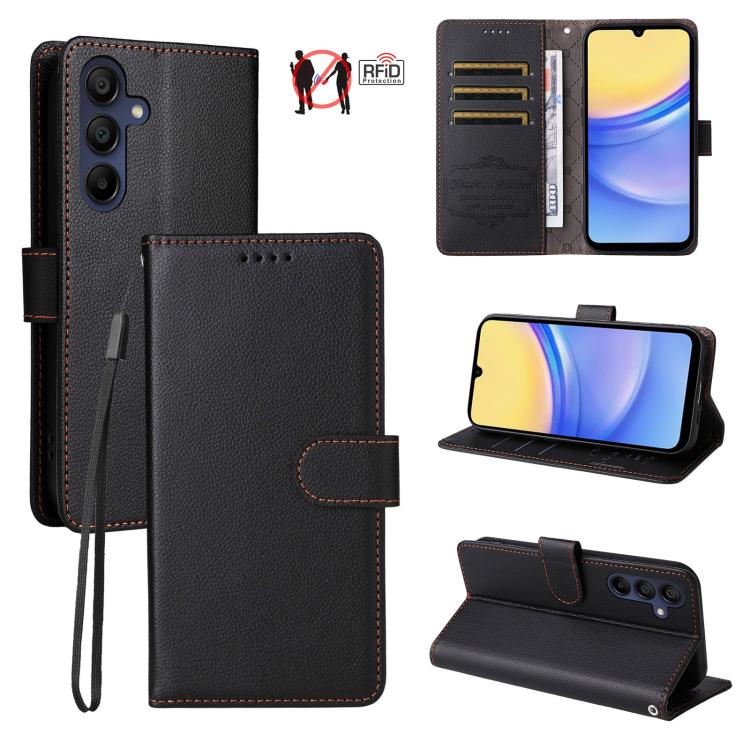 Custodia per telefono in pelle con portafoglio a 3 carte e protezione RFID, con texture litchi., For Samsung Galaxy A36 5G, For Samsung Galaxy A15 4G / 5G, For Samsung Galaxy A55 5G, For Samsung Galaxy A35 5G