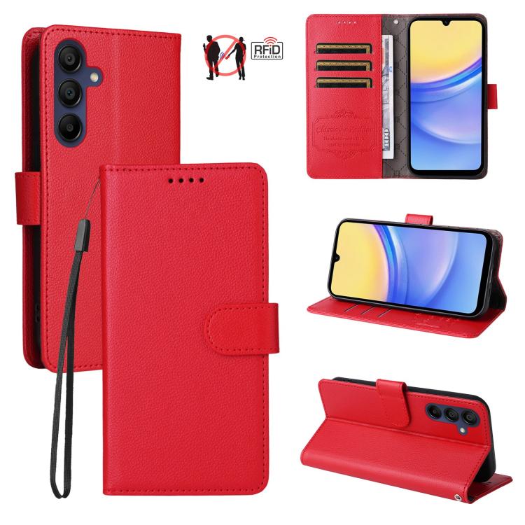 Custodia per telefono in pelle con portafoglio a 3 carte e protezione RFID, con texture litchi., For Samsung Galaxy A36 5G, For Samsung Galaxy A15 4G / 5G, For Samsung Galaxy A55 5G, For Samsung Galaxy A35 5G