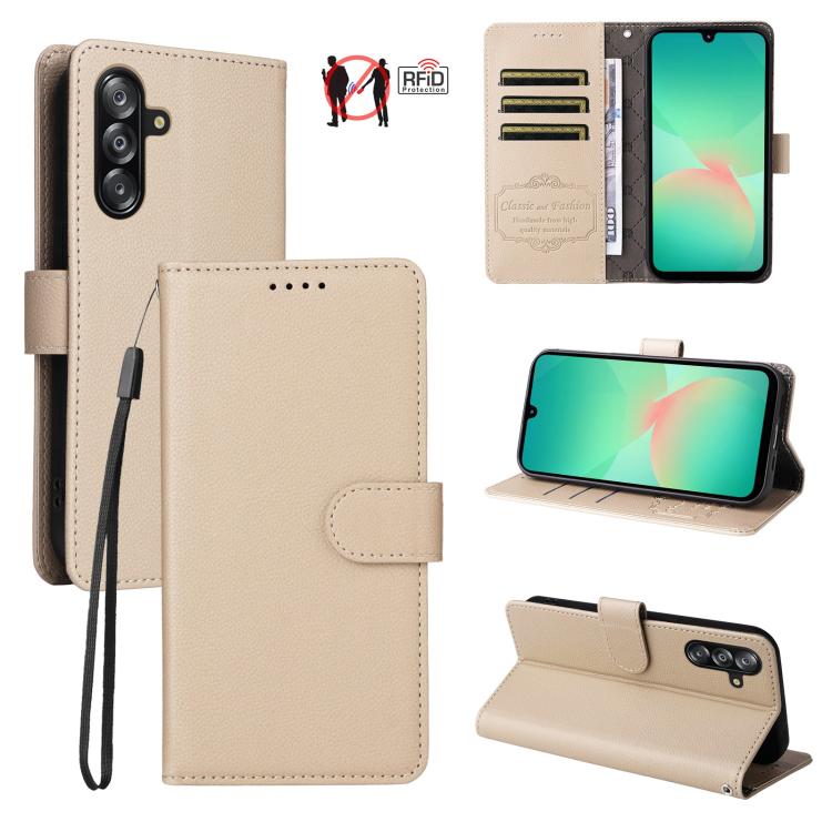 Custodia per telefono in pelle con portafoglio a 3 carte e protezione RFID, con texture litchi., For Samsung Galaxy A07 4G / 5G, For Samsung Galaxy A06 4G / 5G, For Samsung Galaxy A56 5G, For Samsung Galaxy A16 4G / 5G / A26