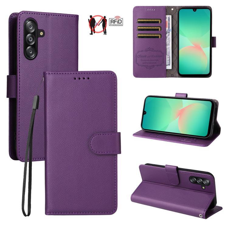 Custodia per telefono in pelle con portafoglio a 3 carte e protezione RFID, con texture litchi., For Samsung Galaxy A07 4G / 5G, For Samsung Galaxy A06 4G / 5G, For Samsung Galaxy A56 5G, For Samsung Galaxy A16 4G / 5G / A26