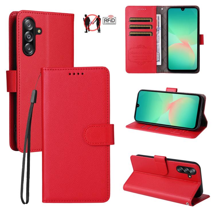 Custodia per telefono in pelle con portafoglio a 3 carte e protezione RFID, con texture litchi., For Samsung Galaxy A07 4G / 5G, For Samsung Galaxy A06 4G / 5G, For Samsung Galaxy A56 5G, For Samsung Galaxy A16 4G / 5G / A26